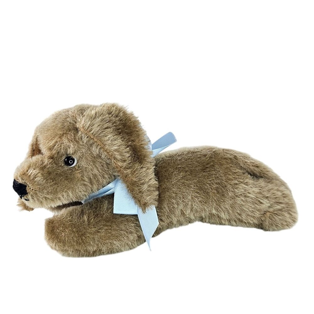 Vintage Steiff Mohair Dachshund Puppy Bazi Dog Lying Down Blue Ribbon Plush